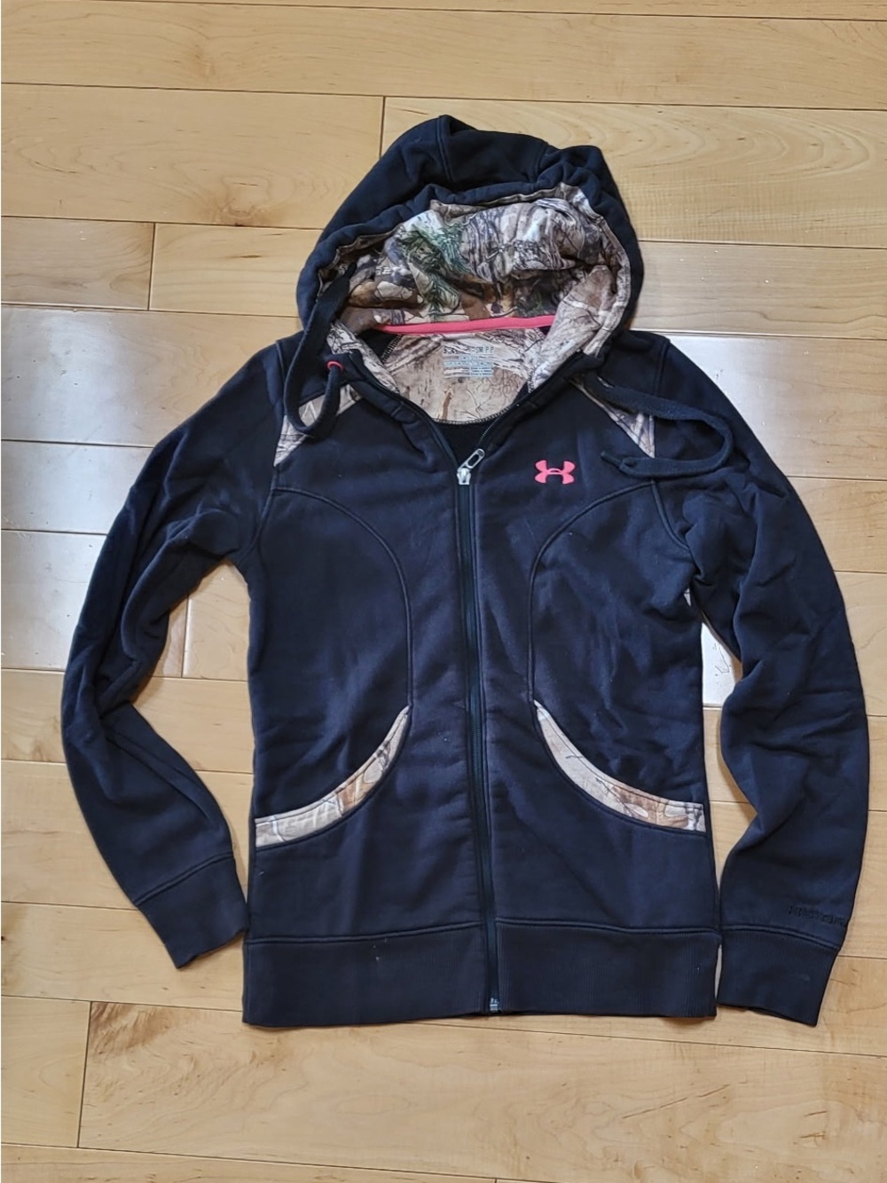 Under Armour Black Hoodie Jacket with Pink Logo and Camo Trim